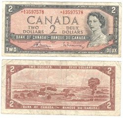 1954 - PORTRAIT MODIFIE -  2 DOLLARS 1954, BOUEY/RASMINSKY PRÉFIXES A/G (F)