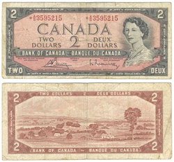 1954 - PORTRAIT MODIFIE -  2 DOLLARS 1954, BOUEY/RASMINSKY PRÉFIXES A/G (VG)