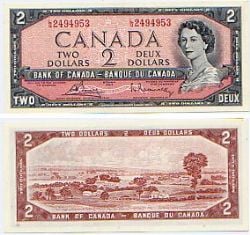 1954 - PORTRAIT MODIFIE -  2 DOLLARS 1954, BOUEY/RASMINSKY PRÉFIXES L/G - BILLET À CHIFFRES RÉPÉTITIFS DE CYCLE À QUATRE CHIFFRES (VF)