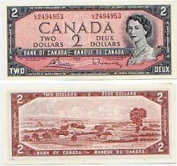 1954 - PORTRAIT MODIFIE -  2 DOLLARS 1954, BOUEY/RASMINSKY PRÉFIXES L/G