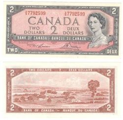 1954 - PORTRAIT MODIFIE -  2 DOLLARS 1954, LAWSON/BOUEY PRÉFIXE V/G