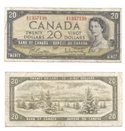 1954 - PORTRAIT MODIFIE -  20 DOLLARS 1954, BEATTIE/RASMINSKY PRÉFIXES G/W - BILLET À CHIFFRES RÉPÉTITIFS DE CYCLE À QUATRE CHIFFRES (VG)