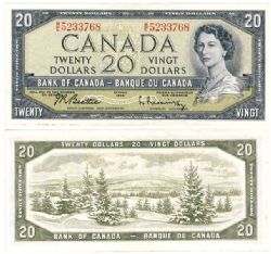 1954 - PORTRAIT MODIFIE -  20 DOLLARS 1954, BEATTIE/RASMINSKY PRÉFIXES M/E