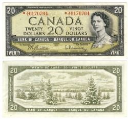 1954 - PORTRAIT MODIFIE -  20 DOLLARS 1954, BEATTIE/RASMINSKY PRÉFIXES V/E