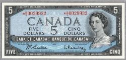 1954 - PORTRAIT MODIFIE -  5 DOLLARS 1954, BEATTIE/RASMINSKY PRÉFIXE *R/C (F)