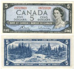 1954 - PORTRAIT MODIFIE -  5 DOLLARS 1954, BOUEY/RASMINSKY - BILLET À NUMÉRO ROTATEUR (VG)