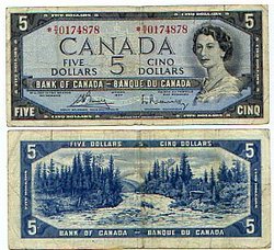 1954 - PORTRAIT MODIFIE -  5 DOLLARS 1954, BOUEY/RASMINSKY (F)