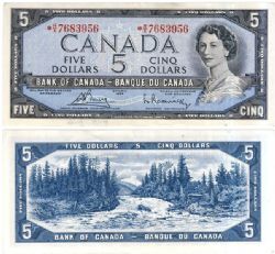 1954 - PORTRAIT MODIFIE -  5 DOLLARS 1954, BOUEY/RASMINSKY PRÉFIXE *R/X
