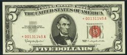 1963 -  5 DOLLARS 1963 DES ÉTATS-UNIS, GRANAHAN/DILLON, BILLET DE REMPLACEMENT (VF)