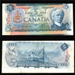 1972 -  5 DOLLARS 1972, LAWSON/BOUEY - BILLET D'ERREUR DE COUPE HORS DE L'ALIGNEMENT (JUSQU'À 10%) (VF)