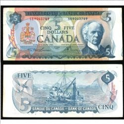 1972 -  5 DOLLARS 1972, LAWSON/BOUEY - ERREUR DE COUPE DU REGISTRE : TAILLE DE LA DÉCOUPE (JUSQU'À 10%) (VF)