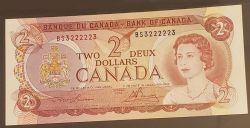 1974 -  2 DOLLARS 1974, LAWSON/BOUEY - BILLET RADAR: NUMÉROS À 2 CHIFFRES (VG)