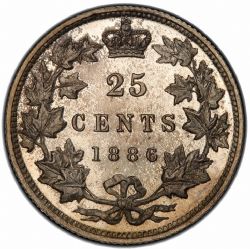 25 CENTS -  25 CENTS 1886 AVERS.5, 6 SIMPLE, EXTRÉMITÉS DES BRANCHES LONGUES -  PIÈCES DU CANADA 1886