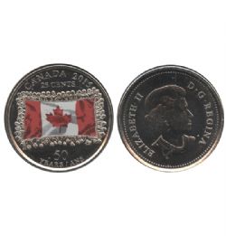 25 CENTS -  25 CENTS 2015 COLORÉ - DRAPEAU CANADIEN - COULEUR FONCÉE (CIRCULÉ) -  PIÈCES DU CANADA 2015