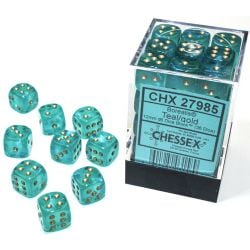 36D6 ENSEMBLE DÉS -  36D6, 12MM, TURQUOISE AVEC OR - BRILLE DANS LE NOIR -  BOREALIS CHX