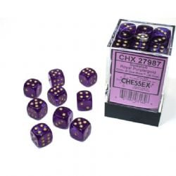 36D6 ENSEMBLE DÉS -  36D6, 12MM, VIOLET ROYAL AVEC OR - BRILLE DANS LE NOIR -  BOREALIS CHX