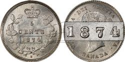 5 CENTS -  5 CENTS 1874 H GRANDE DATE & 4 CROISETÉ -  PIÈCES DU CANADA 1874