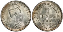 5 CENTS -  5 CENTS 1908 (AU) -  1908 NEWFOUNFLAND COINS