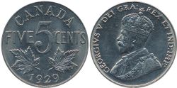 5 CENTS -  5 CENTS 1929 S-ÉLOIGNÉ -  PIÈCES DU CANADA 1929