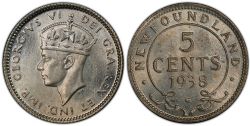 5 CENTS -  5 CENTS 1938 (F) -  PIÈCES DE TERRE-NEUVE 1938