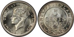 5 CENTS -  5 CENTS 1945 C (MS-60) -  1945 NEWFOUNFLAND COINS