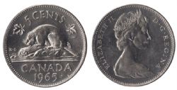 5 CENTS -  5 CENTS 1965 PETITES PERLES & JOYAU ATTACHÉ, MATRICE TOURNÉE À 15° -  1965 CANADIAN COINS