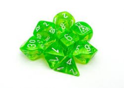 7 DÉS ENSEMBLE JDR -  JEU DE 7 MATRICES POLYÉDRIQUES : TRANSLUCIDE VERT RADIOACTIF ET BLANC AVEC DÉS BONUS -  TRANSPARENT CHX