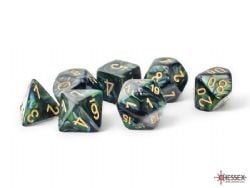 7 DÉS MEGA ENSEMBLE JDR -  7 DÉS MEGA-HEDRAL , JADE AVEC OR - SCARAB -  SCARAB CHX