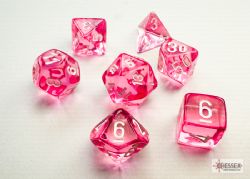 7 DÉS MINIATURE ENSEMBLE JDR -  7 DÉS MINIATURES, ROSE AVEC BLANC - TRANSLUCENT -  TRANSPARENT CHX