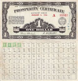 ALBERTA -  CERTIFICAT DE PROSPÉRITÉ REMBOURSABLE DE 1 DOLLAR 1936 -  BILLETS DU CANADA 1936