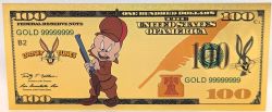 BILLETS HUMORISTIQUES -  LOONEY TUNES : ELMER FUDD - BILLET DE 100 DOLLARS DES ÉTATS-UNIS (PLAQUÉ EN OR PUR)