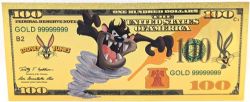 BILLETS HUMORISTIQUES -  LOONEY TUNES : LE DIABLE DE TASMANIE (TAZ) - BILLET DE 100 DOLLARS DES ÉTATS-UNIS (PLAQUÉ EN OR PUR)