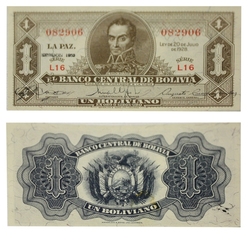 BOLIVIE -  1 BOLIVIANO 1952 (UNC) 128C