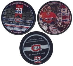 CANADIENS DE MONTRÉAL -  ENSEMBLE DE 3 RONDELLES PATRICK ROY 22 NOV 2008
