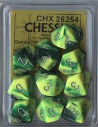 CHESSEX -  ENSEMBLE DÉS 10D10, GEMINI VERT/JAUNE AVEC CHIFFRES ARGENT -  ENSEMBLE DÉS 10D10 GEMINI