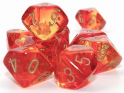 CHESSEX -  ENSEMBLE DÉS 10D10, TRANSLUCENT ROUGE-JAUNE TRANSLUCIDE ET OR -  ENSEMBLE DÉS 10D10 TRANSLUCENT
