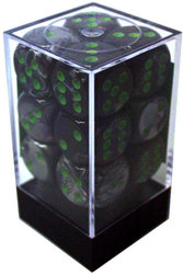 CHESSEX -  ENSEMBLE DÉS 12D6, GEMINI NOIR/GRIS AVEC POINTS VERTS -  ENSEMBLE DÉS 12D6 GEMINI