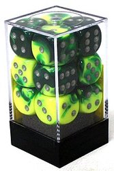 CHESSEX -  ENSEMBLE DÉS 12D6, GEMINI VERT/JAUNE AVEC POINTS ARGENT -  ENSEMBLE DÉS 12D6 GEMINI