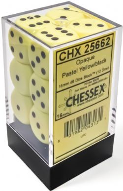 CHESSEX -  ENSEMBLE DÉS 12D6, OPAQUE PASTEL JAUNE / NOIR -  ENSEMBLE DÉS 12D6 OPAQUE