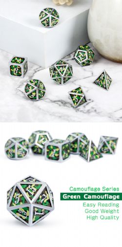 DICE HABIT -  ENSEMBLE 7 DÉS JDR, MÉTAL & ÉMAIL, CAMOUFLAGE VERT -  ENSEMBLE 7 DÉS JDR