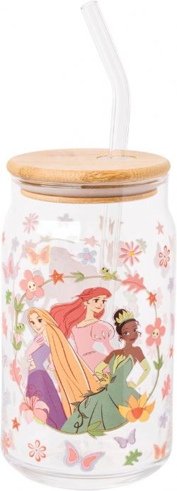 DISNEY -  GOBELET & PAILLE EN VERRE AVEC COUVERCLE EN BAMBOU DE RAIPONCE, ARIEL & TIANA (473 ML)