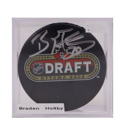 DRAFT DE LA LNH -  RONDELLE DE HOCKEY AUTOGRAPHIÉE PAR BRADEN HOLTBY (LOGO)
