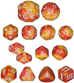 DUNGEON CRAWL CLASSICS -  ENSEMBLE DE 14 DÉS POLYEDRIQUES OPAQUE - FLÈCHES ENFLAMMÉES
