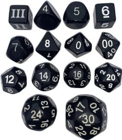 DUNGEON CRAWL CLASSICS -  ENSEMBLE DE 14 DÉS POLYEDRIQUES OPAQUE - NOIR