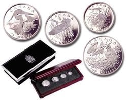 ENSEMBLE DE 4 PIÈCES EN PLATINE - LE GRAND HERON -  PIÈCES DU CANADA 2002