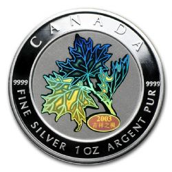 FEUILLES D'ÉRABLE -  FEUILLE D'ÉRABLE DE L'ESPOIR AVEC HOLOGRAMME - PIÈCE D'UNE ONCE EN ARGENT PUR -  PIÈCES DU CANADA 2003