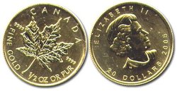 FEUILLES D'ÉRABLE -  PIÈCE DE 1/2 ONCE EN OR PUR -  CANADIAN COINS