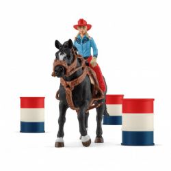 FIGURINE SCHLEICH -  COURSE DE BARILS AVEC UNE COWGIRL -  FARM WORLD 42576