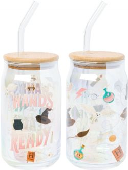 HARRY POTTER -  ENSEMBLE DE DEUX GOBELETS & PAILLES EN VERRE AVEC COUVERCLES EN BAMBOU 