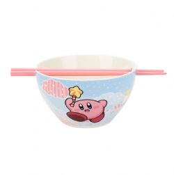 KIRBY -  KIRBY SUR DES NUAGES COLORÉS, BLEU CIEL, AVEC BAGUETTES -  BOL À RAMEN EN CÉRAMIQUE